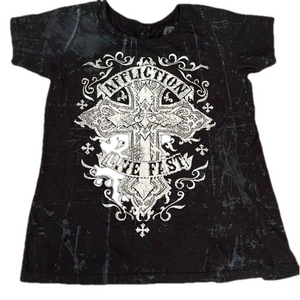 Affliction Women's T-Shirt SAINT EDITH Black Biker. Size M. Rhinestones Bling